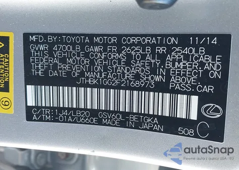 2015 Lexus Es 350 из США, поврежденный, VIN JTHBK1GG2F2168973